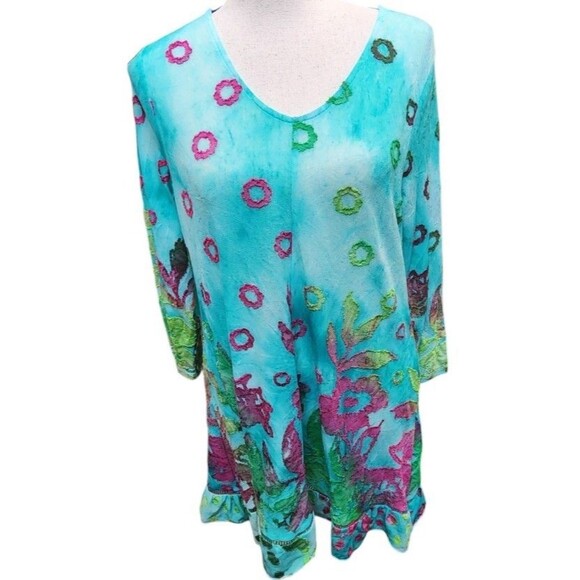Kamana Blue Burn-out Top Size Large Boho Artsy - Picture 1 of 9